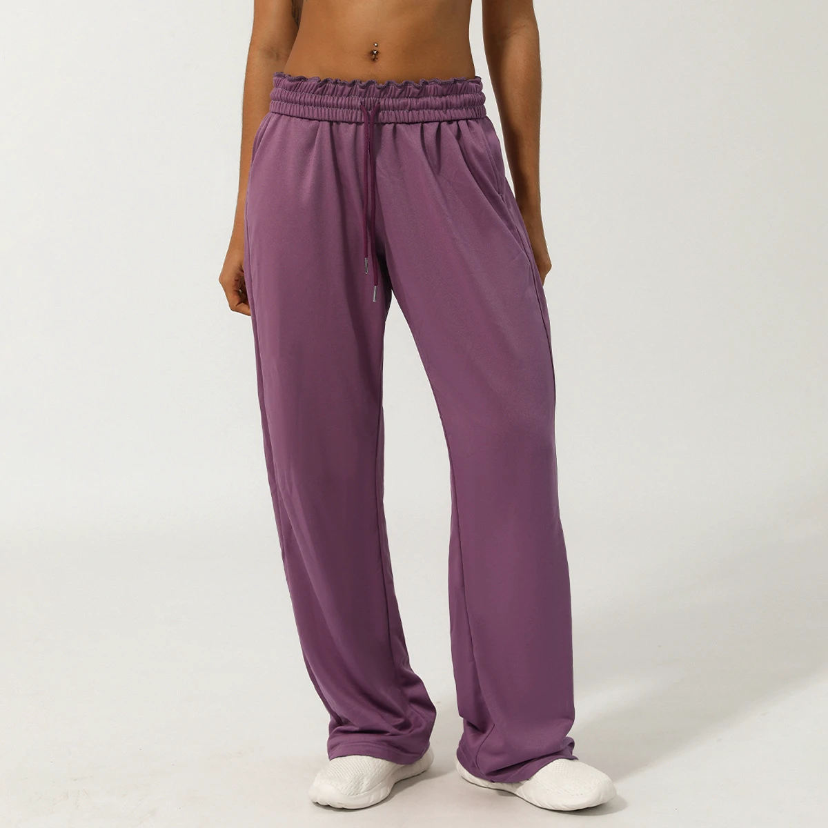 HEARUSAVY Women's Anti-Bacterial Solid 100% Polyester Sports Casual Pants Mid Drawstring Loose Yoga Outdoor Running Fitness