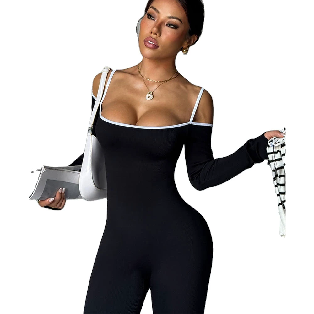 Women Streetwear Contrast Color Seamless Stitches Quick Dry Cross Strap Butt Scrunch Workout Gym One Piece Yoga Jumpsuit