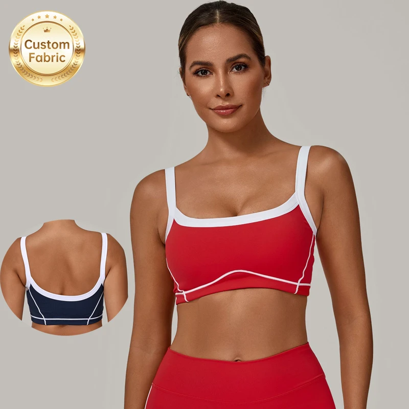 SHINBENE Sleeveless Color Block Padded Sports Bra Tank Tops Square Neck Double Layer Workout Fitness Basic Crop Tops