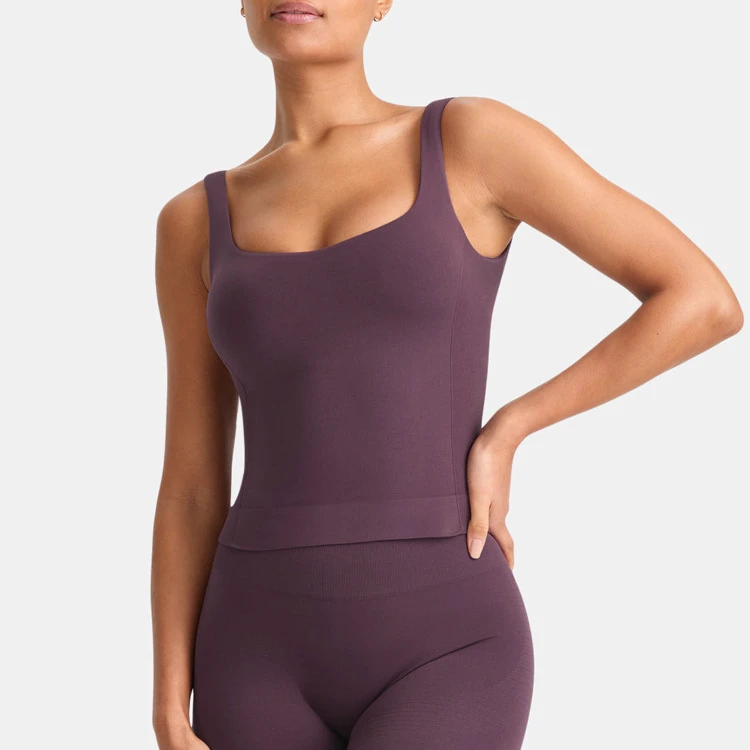 Custom Logo Women's Seamless Tank Top Removable Padded Workout Fitness Vest Slim Fit Nylon Stretchy Yoga Breathable Knitted
