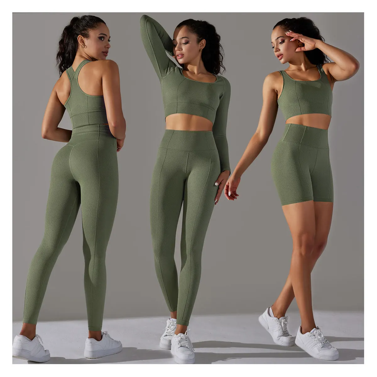 Hot Sale Women Seamless Knit Fitness Sportswear 5 Pcs Dot Jacquard High Elastic Sexy Push up Bra Shorts Leggings Yoga Set