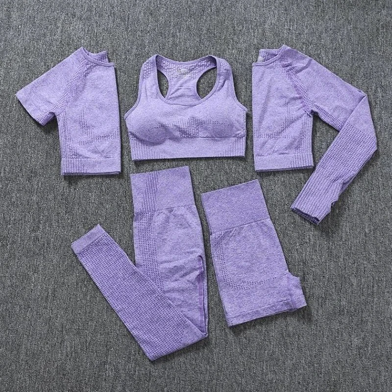 5PCS Seamless Women Sports Suits Yoga Set Workout Sportswear Gym Clothing Fitness Long Sleeve Crop Top High Waist Leggings
