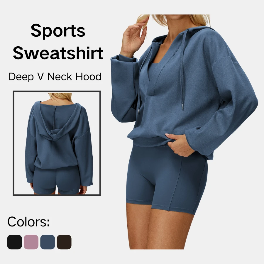 Yoga Women V Neck Hooded Pullover Loose Fit Drawstring Waist Long Sleeve Stretch Workout Fitness Casual Top