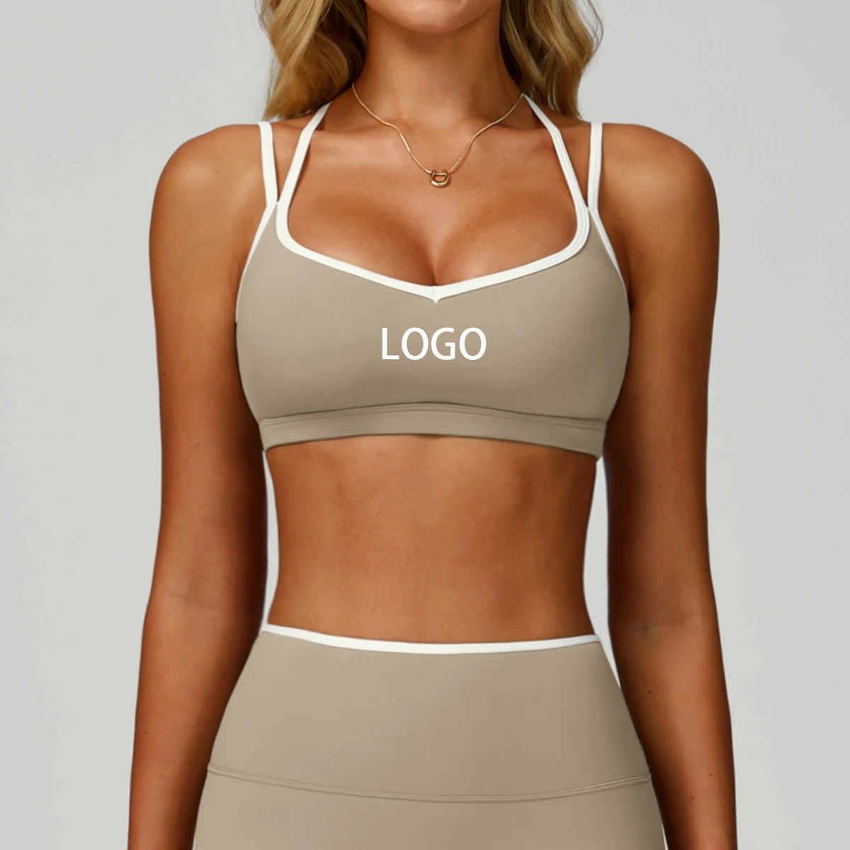 Custom Color Blocking Nude Sports Bra with Quick Drying Lightweight Tight Cross Back Vest Running Fitness Logo on Front