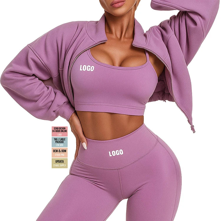 2026 Custom Private Label High Quality Crop Top 3 Piece Plus Size Fitness Yoga Sets Sportswear High Waist Leggings for Women