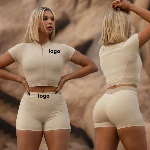 Women's Breathable Zip-up Crop Top High Waist Shorts Buttery Soft Fabric 2-Piece Gym Outfit Plus Size Custom OEM Yoga Set
