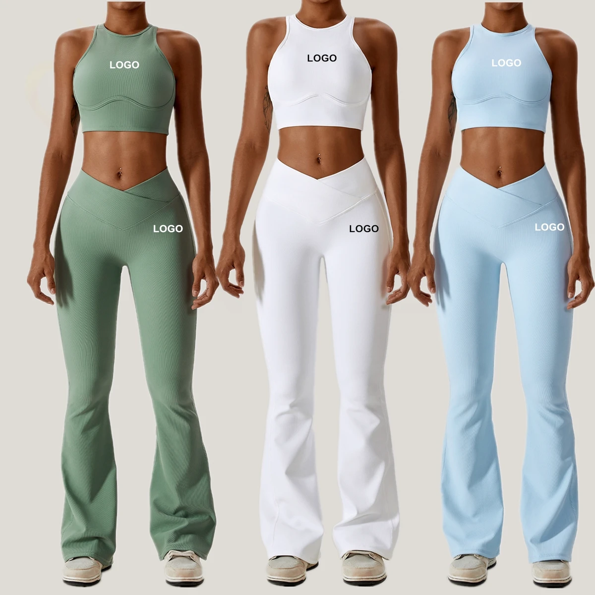Custom Adult Women Gym Yoga Gymnastics Sport Outfits Sleeveless Crop Top Yoga Bra and Flare Pants Set