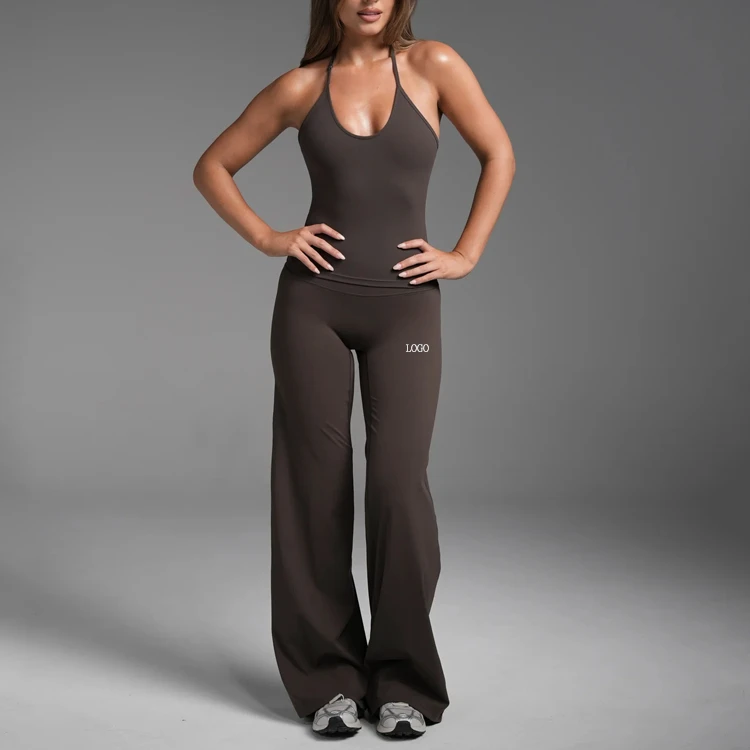 OEM Custom Logo Solid Breathable Elastic Waist 2 Piece Yoga Set Women Halter Tank Top Flare Leg Pants Workout Gym Outfit