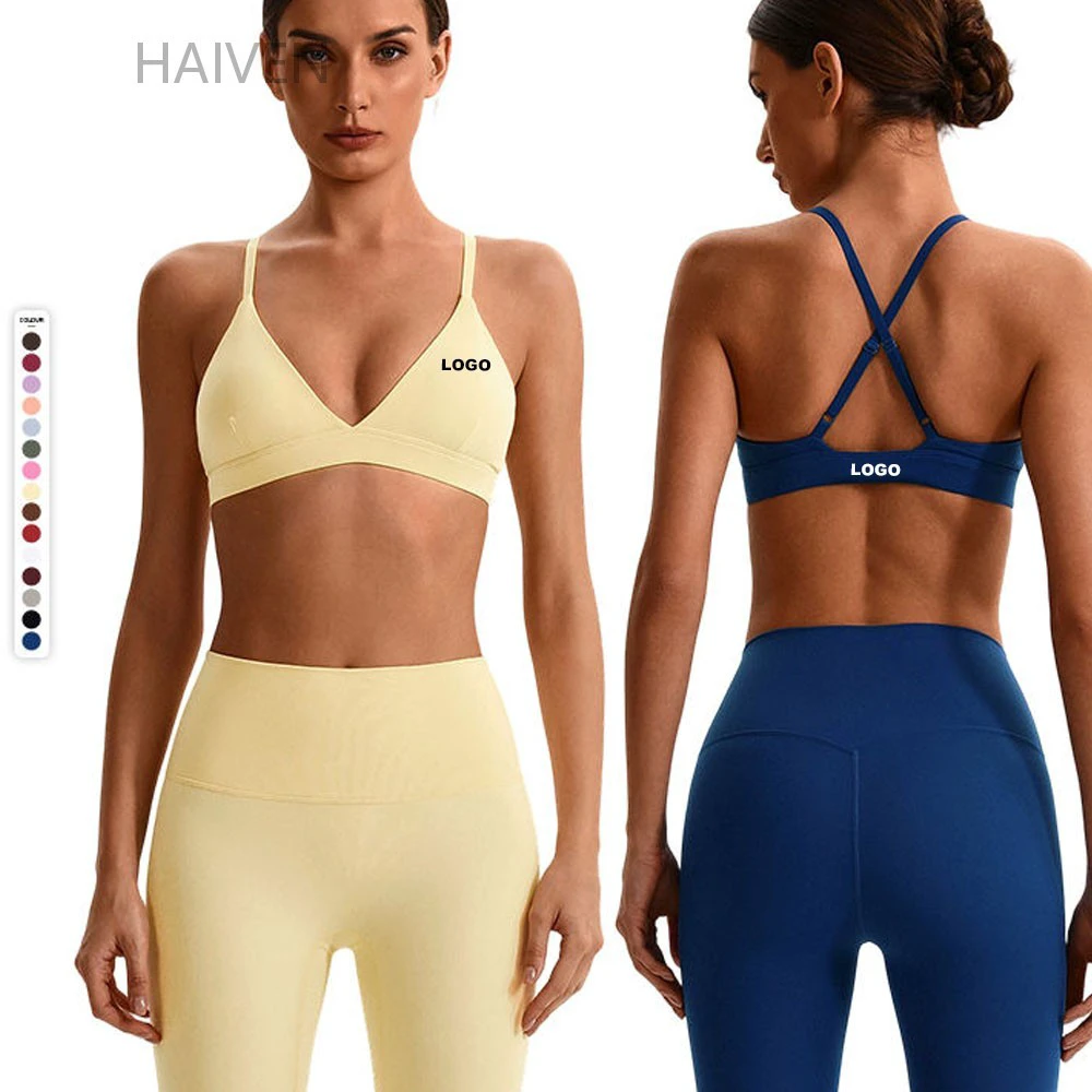 High Elasticity Gym Yoga Wear Cross Back Adjustable Straps Medium Support Deep V Neck Sports Bras for Women Fitness