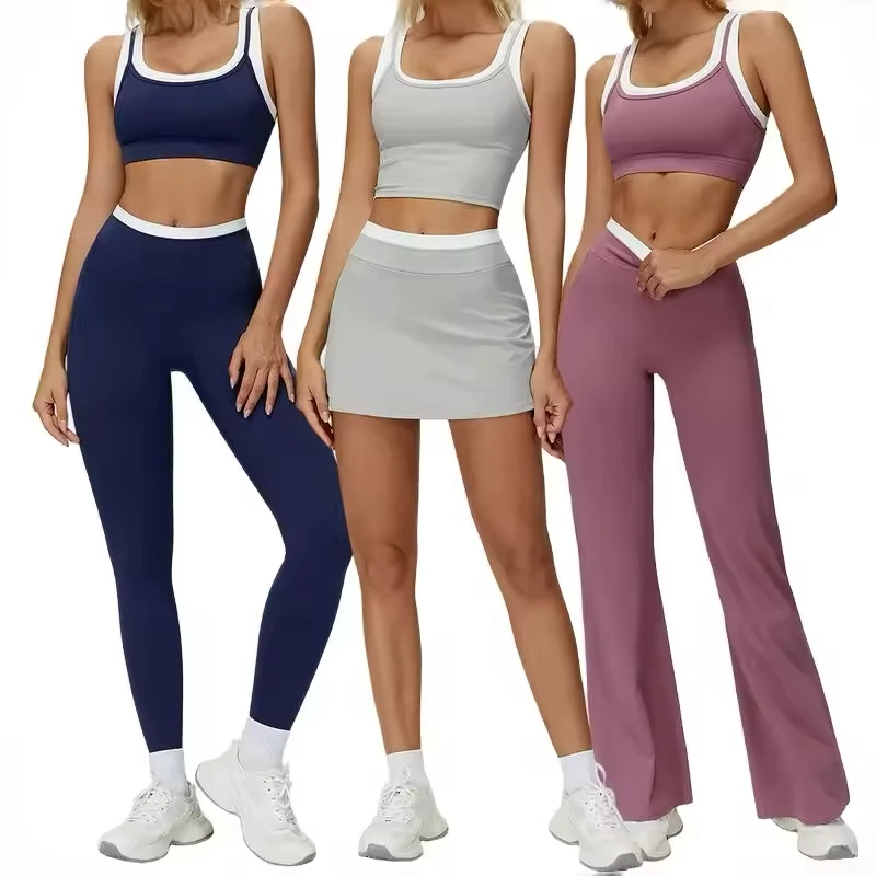 Women 6 Piece Yoga Set Contrast Trim Sports Bra Tank Top Skirt Shorts Leggings Flares High Waist Nylon Spandex Oem Light Custom
