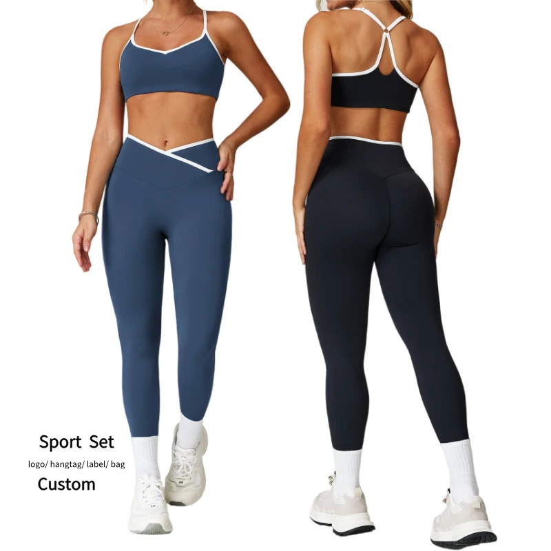 Women's Gym Fitness Activewear Sets Adjustable Bra V-Shape Butt Lifting Leggings Yoga Suit New Contrast Color Breathable Straps