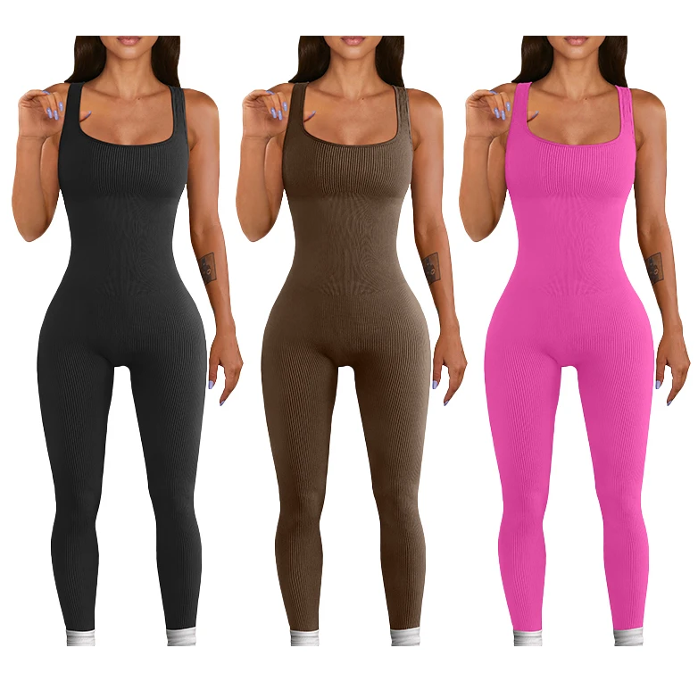 Women's Yoga Seamless Ribbed One Piece Tank Tops Rompers Sleeveless Exercise Jumpsuits Sport Jumpsuits