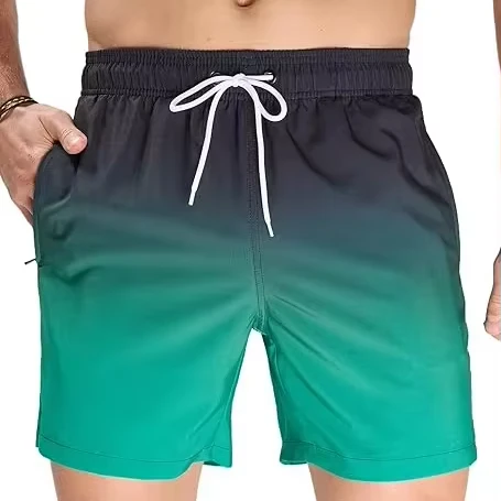 Custom Men's Mid Waist Summer Casual Beach Shorts Plus Size Polyester Spandex Mesh Lining Striped Washed Swimwear Seamless