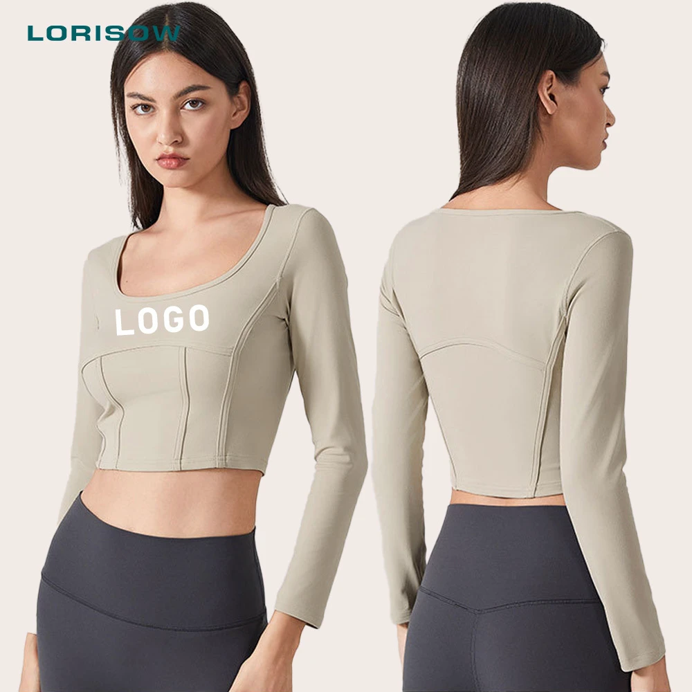 LORISOW Yoga Tops Long Sleeve Square Neck Slim Fit Workout Shirts Cropped Fitness Yoga Top For Gym Running Fitness