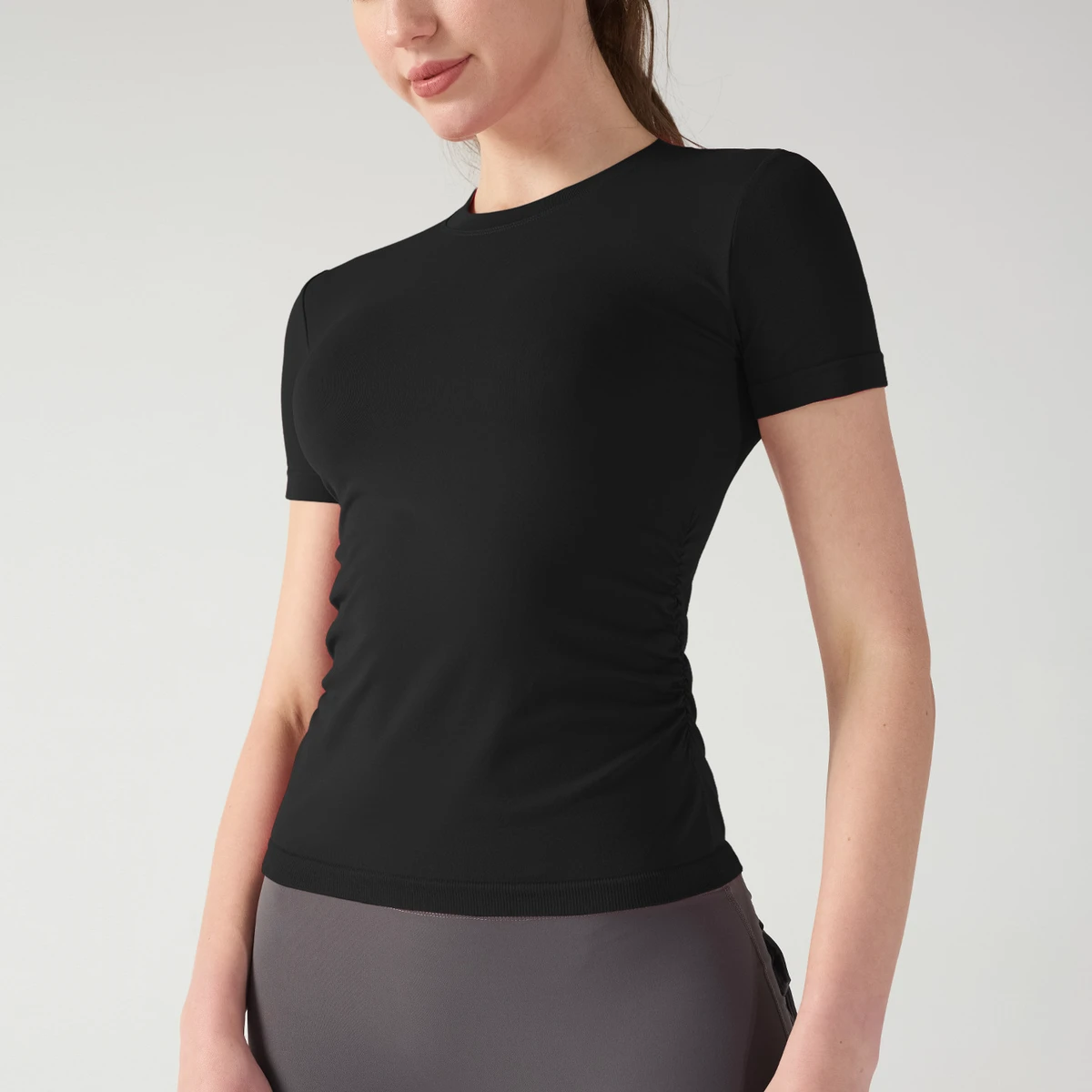 Sport T-shirt Spring/Summer Ruffled Screw Thread Four-Way Stretch Seamless Crew Neck Spandex/Nylon Comfortable Body Yoga Top