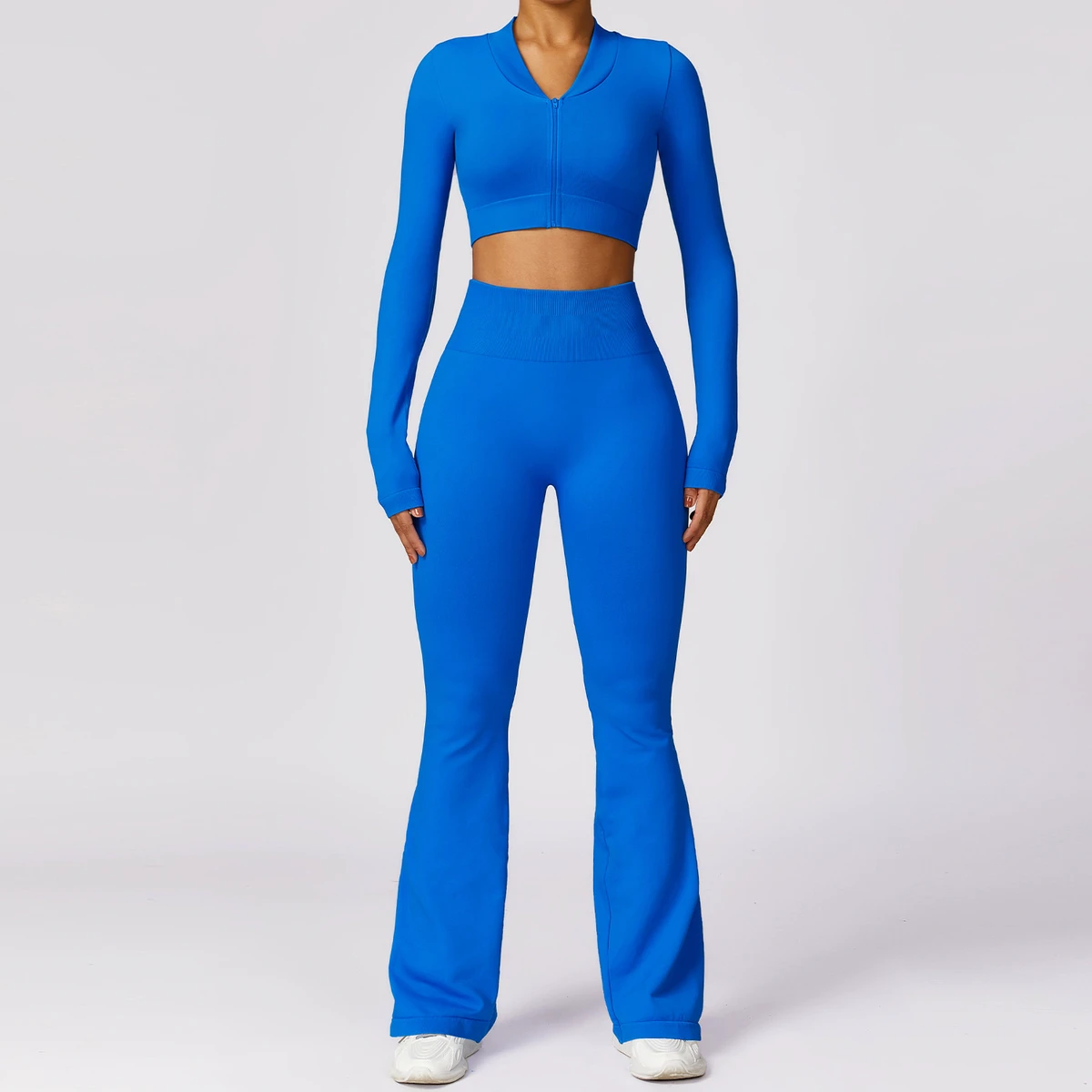 Wholesale Custom Logo Solid Soft Sleeveless Crop Top Flare Legging Yoga Active Wear Sets Women Seamless Breathable Elastic Waist