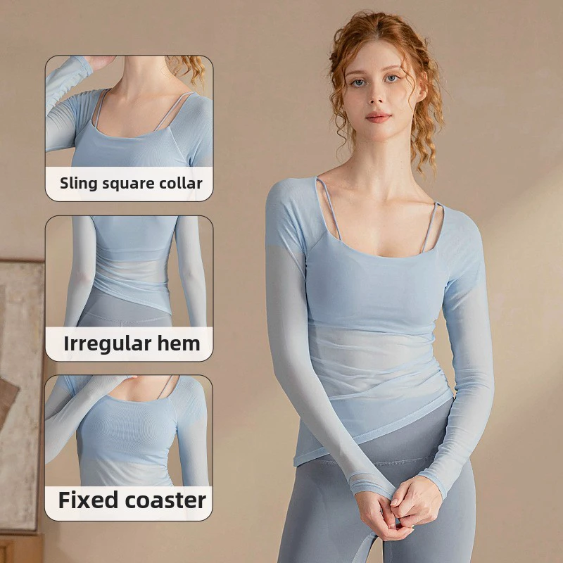BAKU Women's Summer New Asymmetrical Long-Sleeved Yoga Top Fitness Sports Mesh Splicing Two-Piece Design Running Skinny Fit