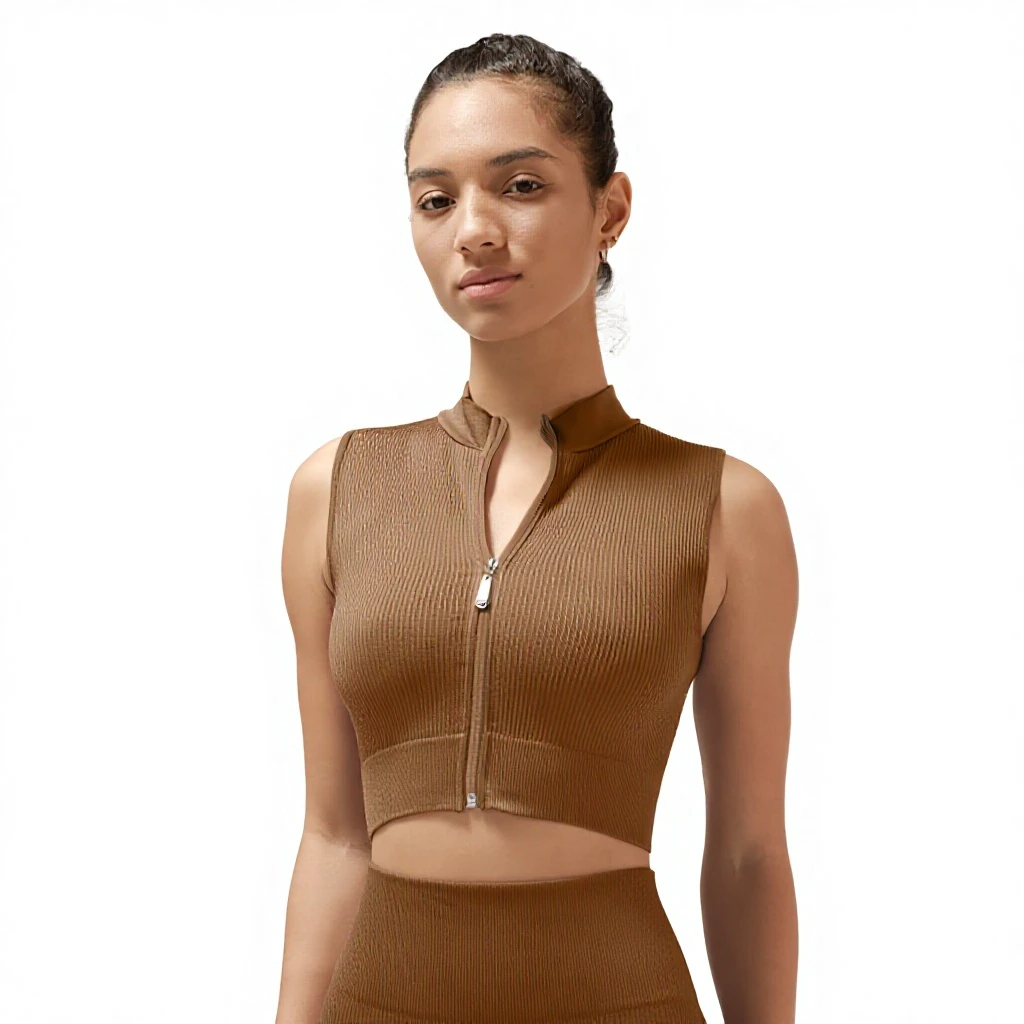 Cross-Border Seamless Ribbed Sleeveless Yoga Top Outerwear Stand-Up Collar Yoga Fitness Wear Yoga Apparel High-End Women's