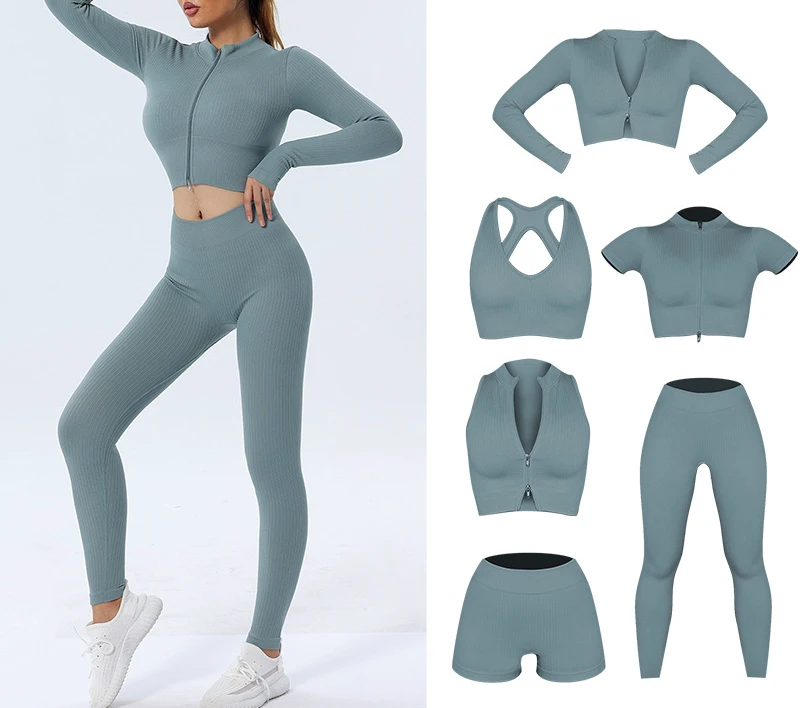 Women Sportswear Fitness Suit Workout Gym Shorts Long Sleeve Crop Top 6 Piece Seamless Ribbed Leggings Bra Yoga Sets