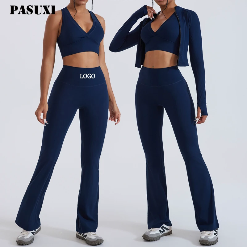 PASUXI Summer Women Fitness Yoga Long Sleeve Crop Top Leggings Bra Set Breathable Plus Size Sportswear Lightweight Gym Sets