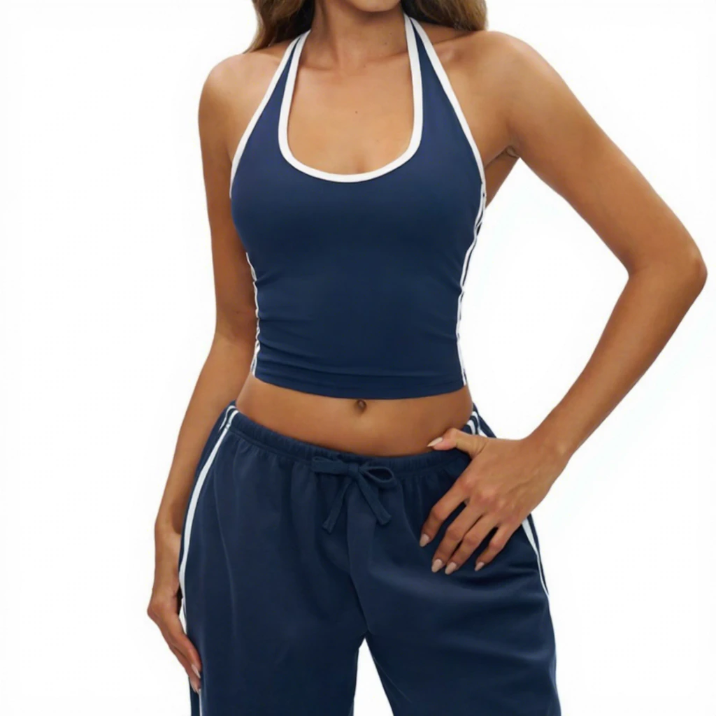 Cross-Border Halter Off-the-Shoulder Yoga Tank Top Drawstring Contrast Binding Quick Dry Spandex/Nylon 2-Piece Set Outdoor