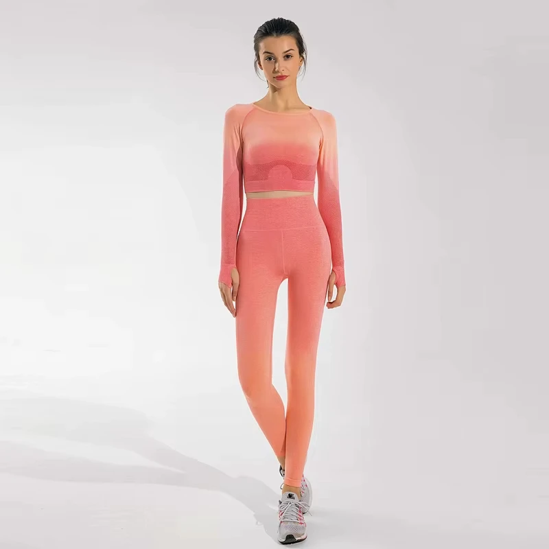 Women's Slim Yoga Sports Set With High Elasticity Breathable Long Sleeve and High Gradient Bra & Pants for Outdoor Fitness