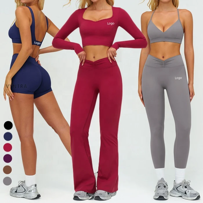 Women 6pcs V Shaped Workout Fitness Activewear Long Sleeves Yoga Gym Clothes Bra Crop Top Shorts Leggings Flare Pants Sport Set