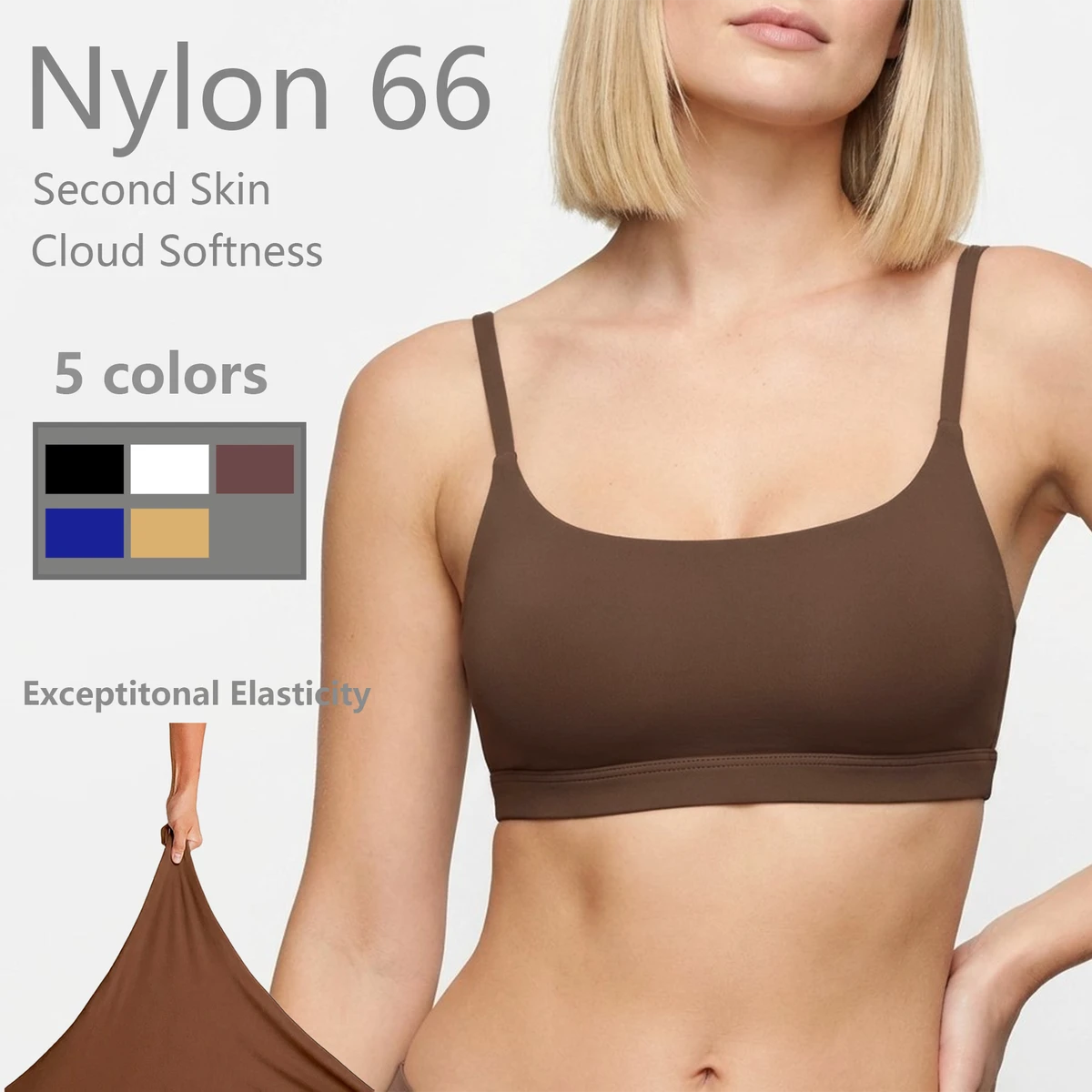 Second Skin 90gsm Lightweight PA66 Nylon High Stretchy Breathable Wicking Function Adjustable Strap No Cup Sport Bra