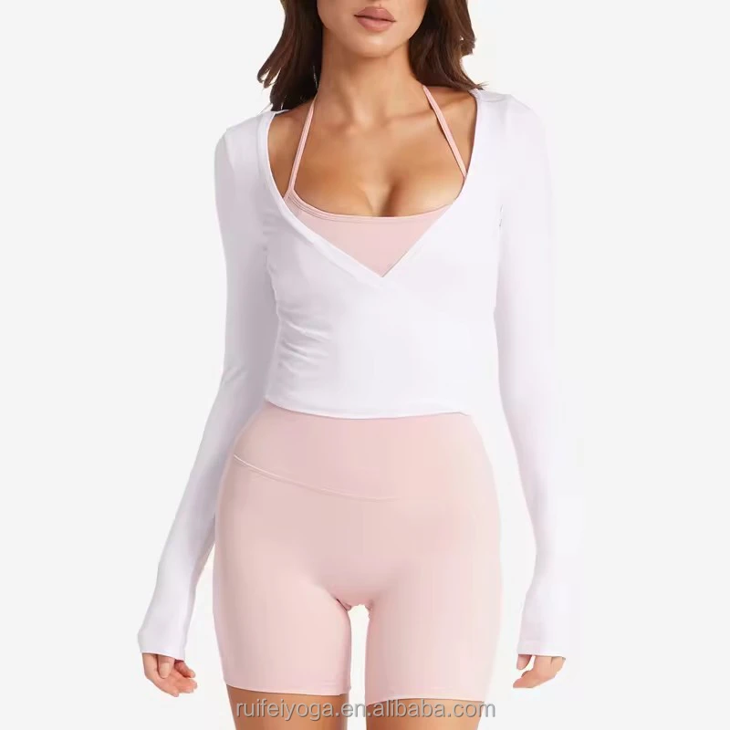 Custom Spandex Slim Fit Sexy Knot Cross Sexy Deep V Neck Sports Tee Yoga Wrap Crop Top Long Sleeve Gym T Shirt for Women