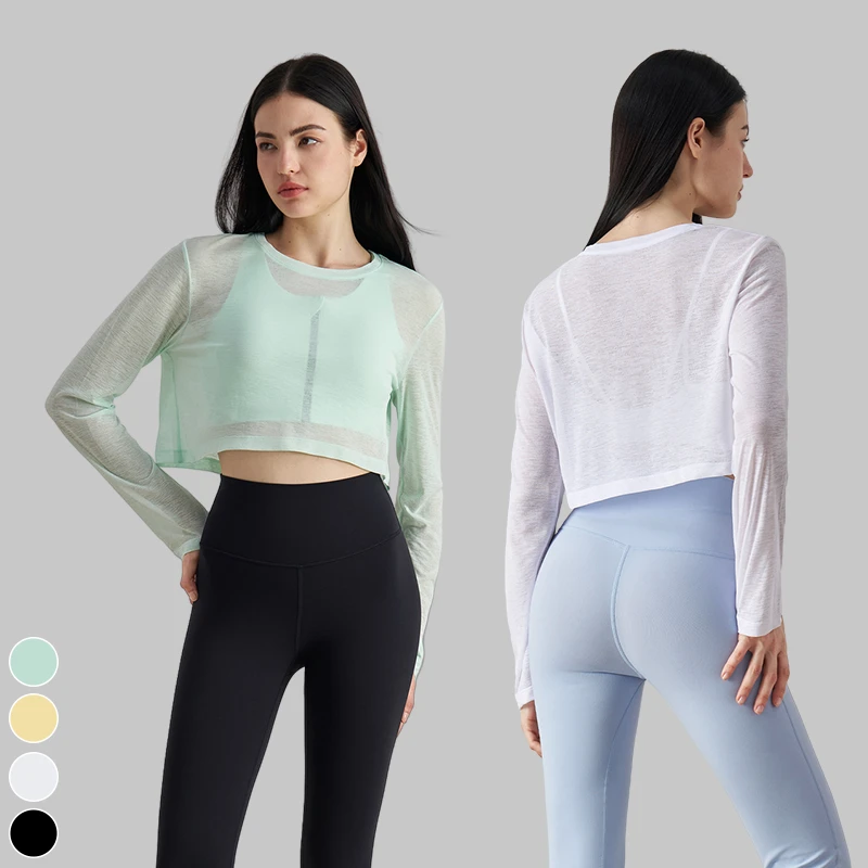 Custom Logo Newest Mesh Long Sleeve Yoga Crop Top Loose Breathable Women Gym Fitness Wear Blouse Outdoor Sports Running T-Shirts