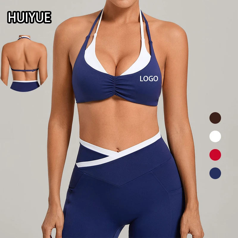 Women Halter Neck Solid Faux Two-Piece Breathable Lightweight Quick Dry Medium Support Yoga Sports Bra for Running Fitness