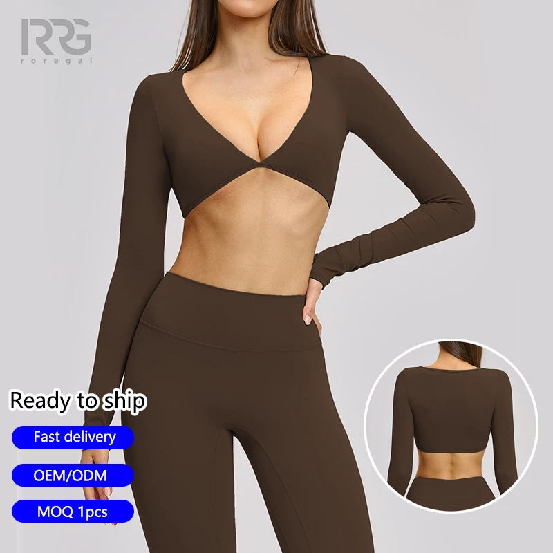 Roregal New Arrivals Lightweight Quick-Drying Fitness Running Top Women's Short Crop Long Sleeve V-Neck Yoga Top