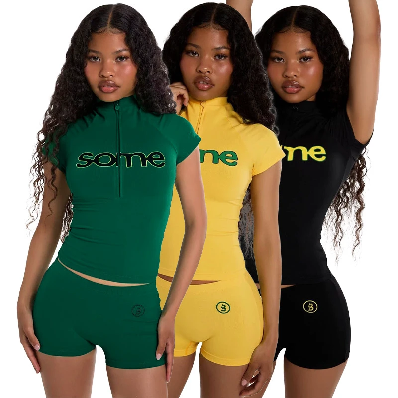 CN26018 Summer European American Fashion Women's Letter Printed Velour Anti-Wrinkle Half-Zip Short-Sleeved Top Regular Fit Tight