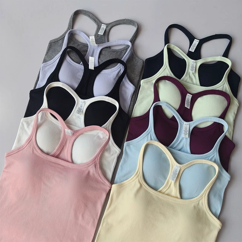 Seamless Yoga Vest Top Women's Sports Running Quick-drying Fitness Wear with Chest Pad Ribbed Gym tank Tops