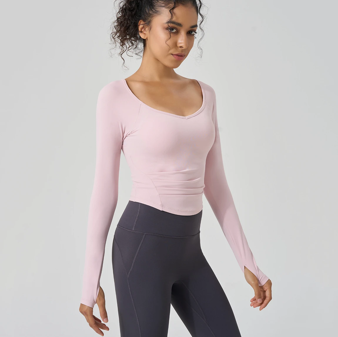 Spring Summer Lightweight Advanced Yoga Coat Women Pilates Training Fitness Fixed Cup Pleated Slim Exercise Long Sleeve