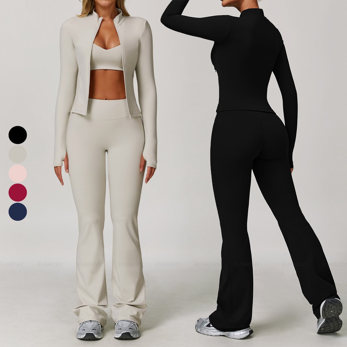 Women's Three-Piece Solid Pattern Gym Fitness Sets Long Sleeved Top Sports Bra Wide Leg Pants Wholesale