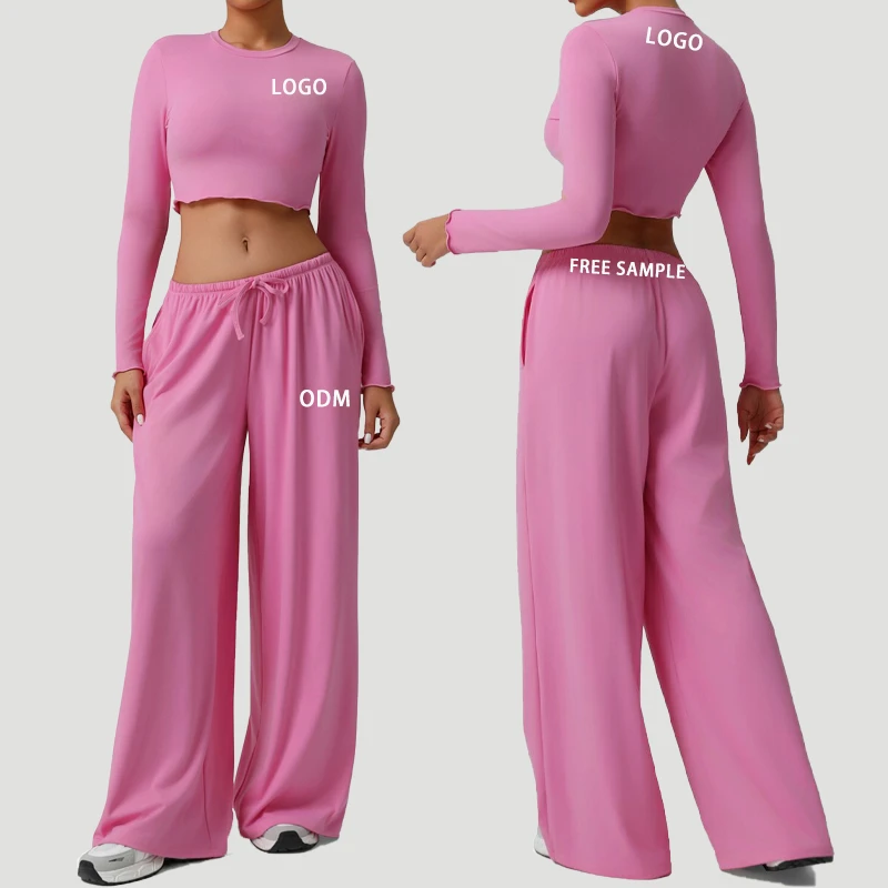 Custom Plus Size Women's Solid Breathable Activewear Sportswear Yoga Leggings Long-Sleeved Top Set Front High Waist Lightweight