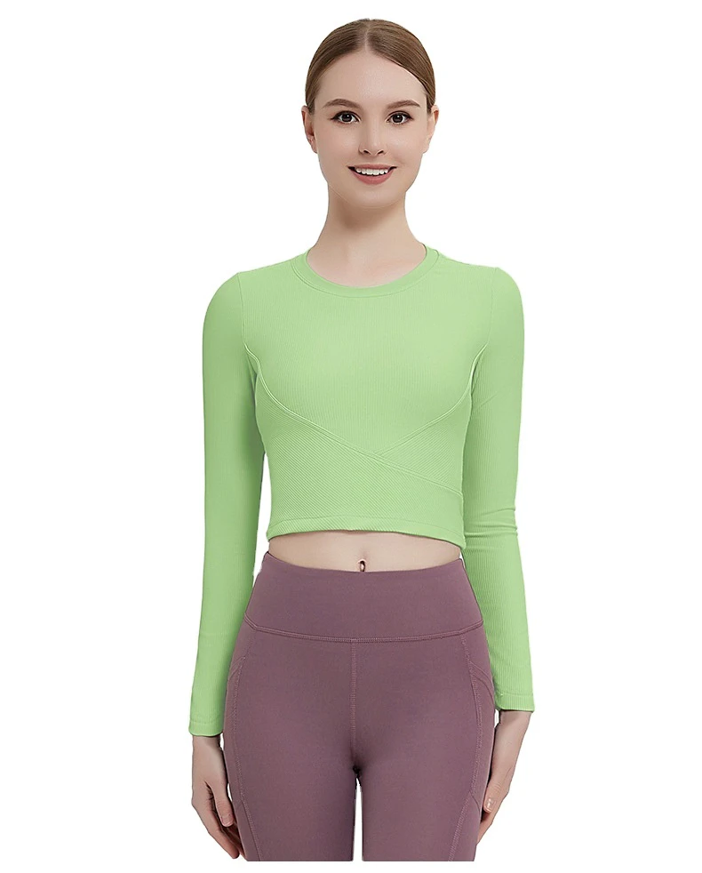 Women's Lightweight Cross-Border Ribbed Yoga Top High-Elastic Long-Sleeve Sports T-Shirt Breathable Plus Size Waist-Revealing