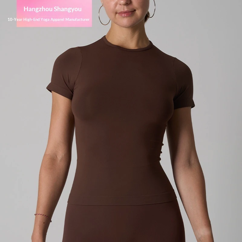 2026 Soft Seamless for High-Elasticity Round Neck Solid Sports Yoga Running Short Sleeve T-Shirt Top for Women