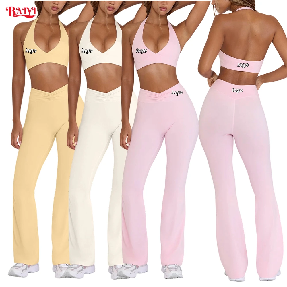 Custom Logo Women's 2 Piece Yoga Set Backless Halter Padded Sports Bra High Cross Waist Flared Yoga Pants Workout Gym Wear Set