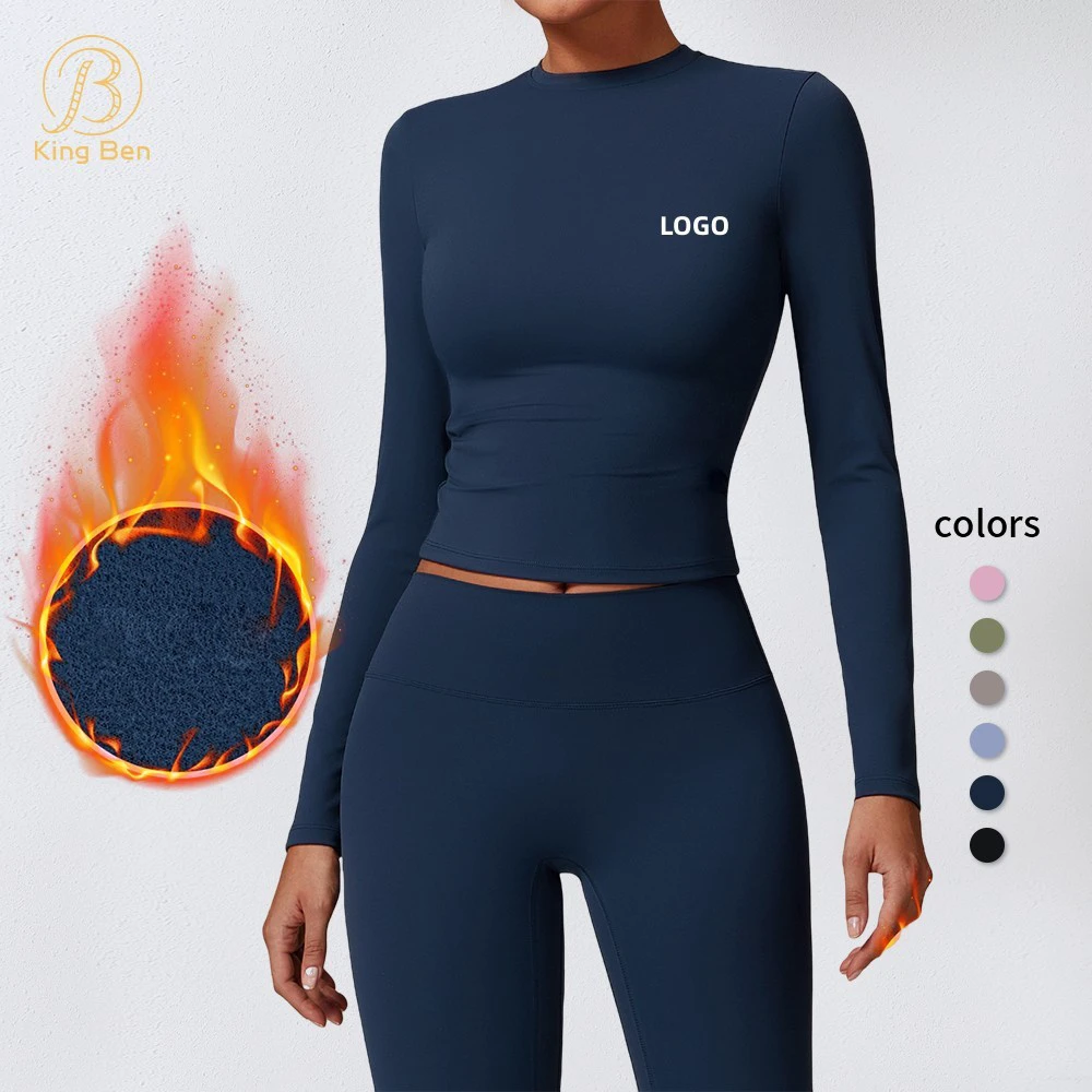 Women Winter Fleece Long Sleeve Yoga Crop Top Fitness Skinny Activewear Workout Apparel Gym Running T Shirt Warm Sportswear