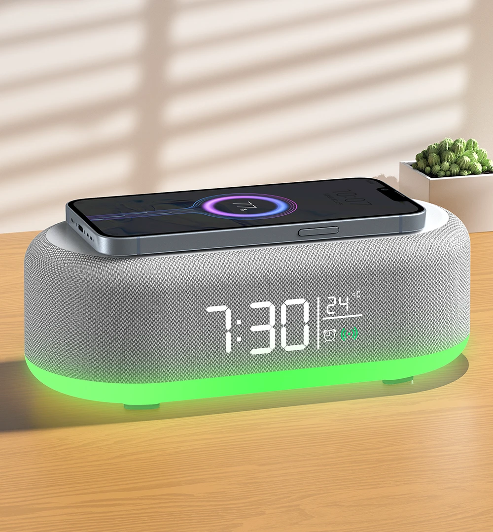 Custom Portable Music Smart Speaker 6 in 1 Multifunction RGB Light With Phone Alarm Clock Wireless Charger