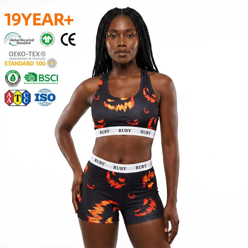 Custom Vivid Graphic Pumpkin Printed Pattern Workout Intimates Performance Training High Waist Athletic Girls' Sports Bras Set
