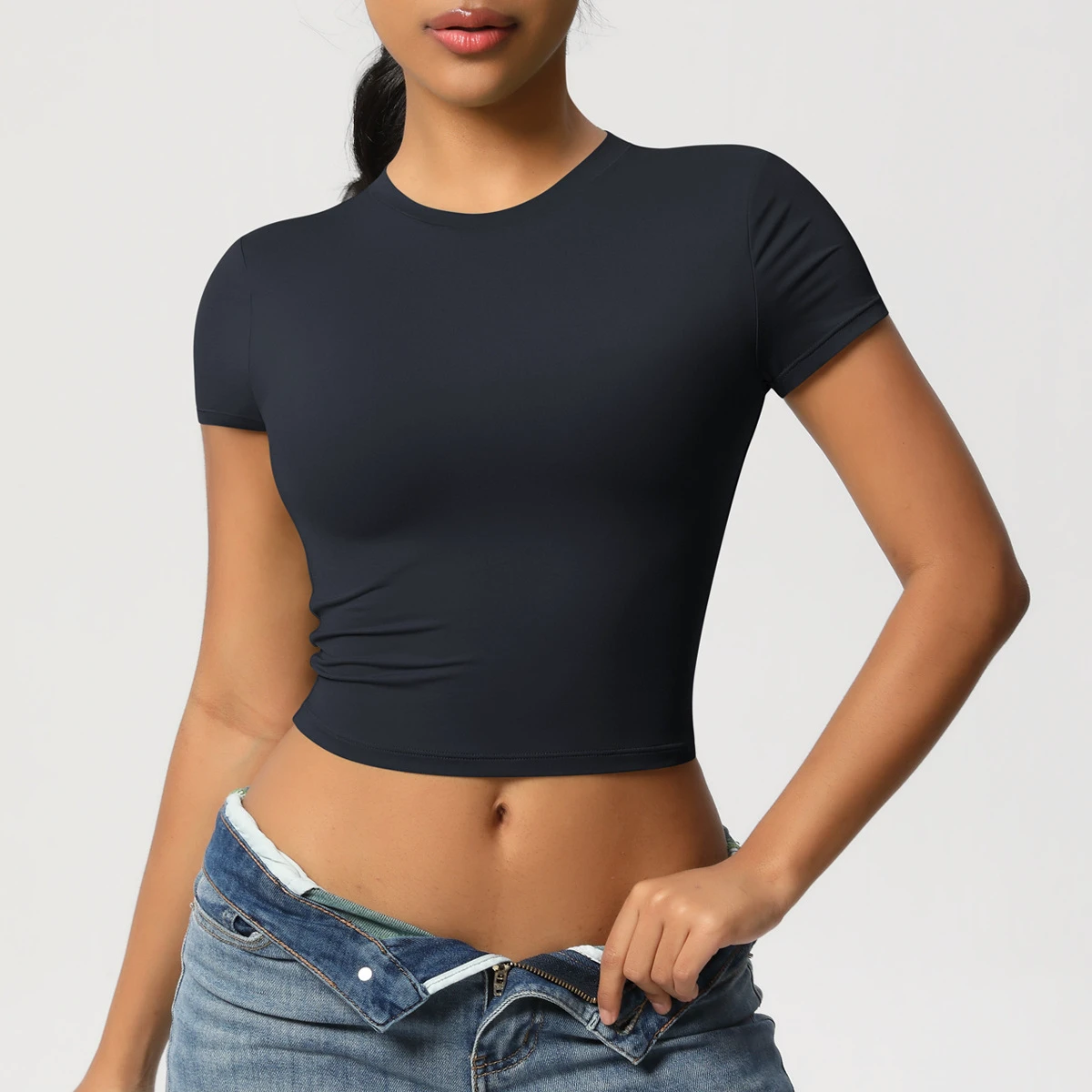 2026 New Women Nude Feeling Short Sleeve Yoga Tops Round Collar Slim Shirts Compression Gym Tops Workout Shirts Pilates Wear