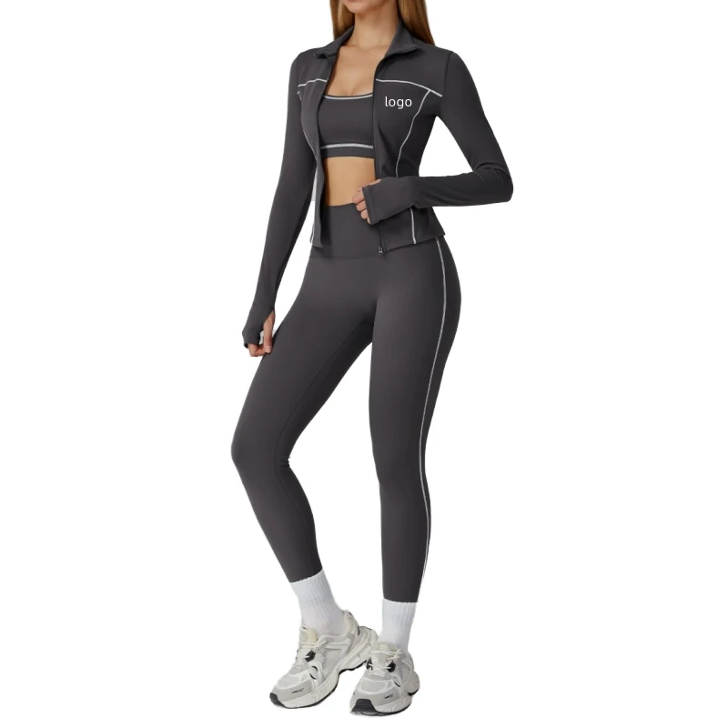 Women Three Piece High Elastic Fabric Contrast Color Side Pocket Design Gym Yoga Leggings/Bra/Jackets Set for Women