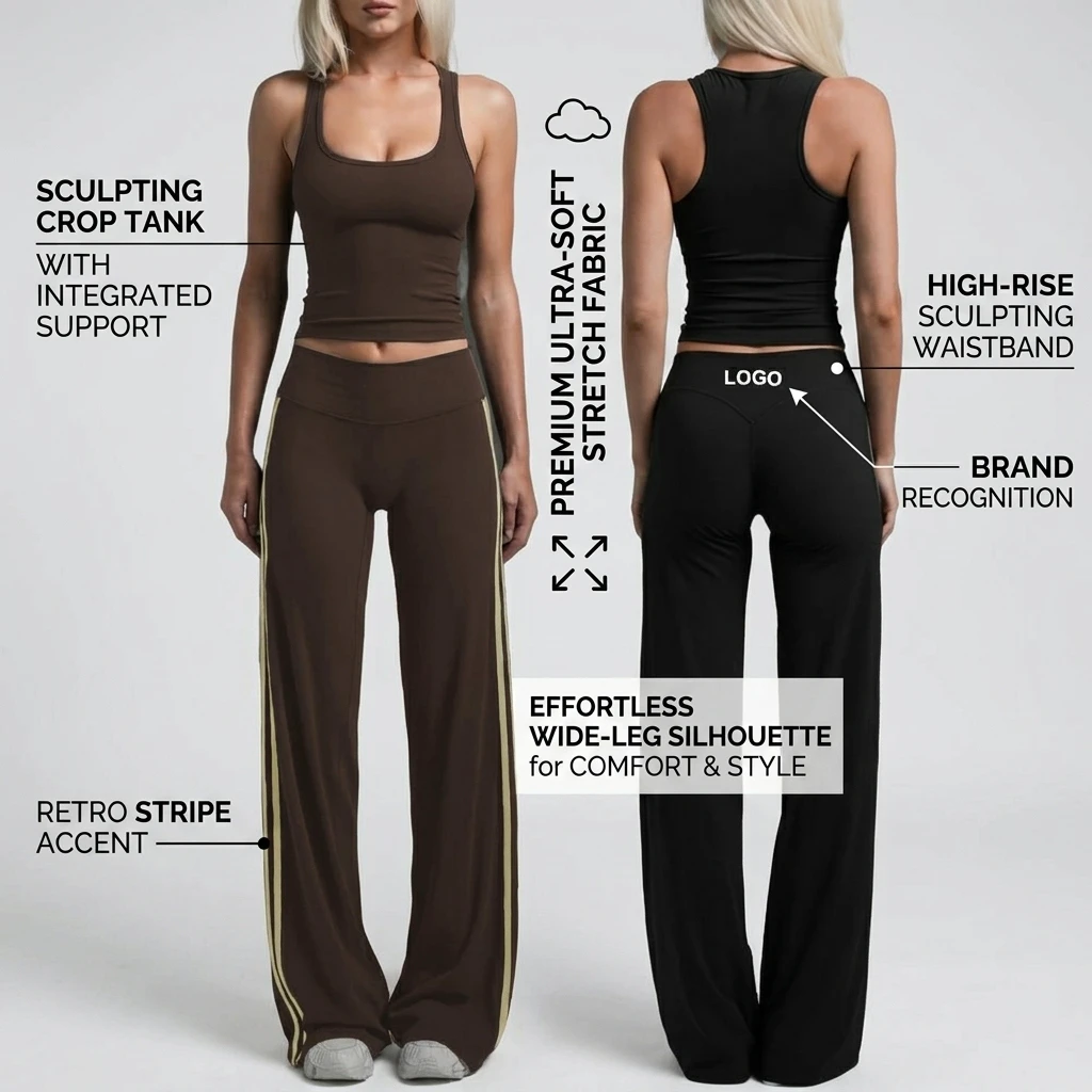 Custom Front Racerback Yoga Set Slim Fit Active Stretch Nylon Spandex Gym Vest Side Stripe Straight Leg Pants 2 Piece Workout