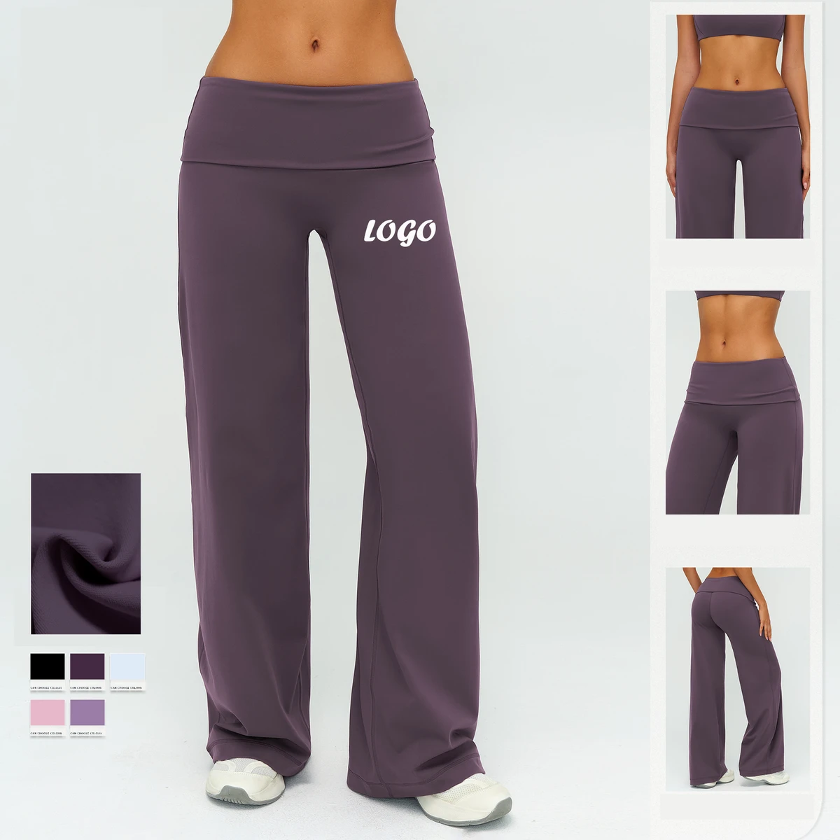 High Quality Spandex Nylon Custom Logo Pants Folded Waist Loose and Wide Legs Outdoor Sports Wide Leg Yoga Pants for Women
