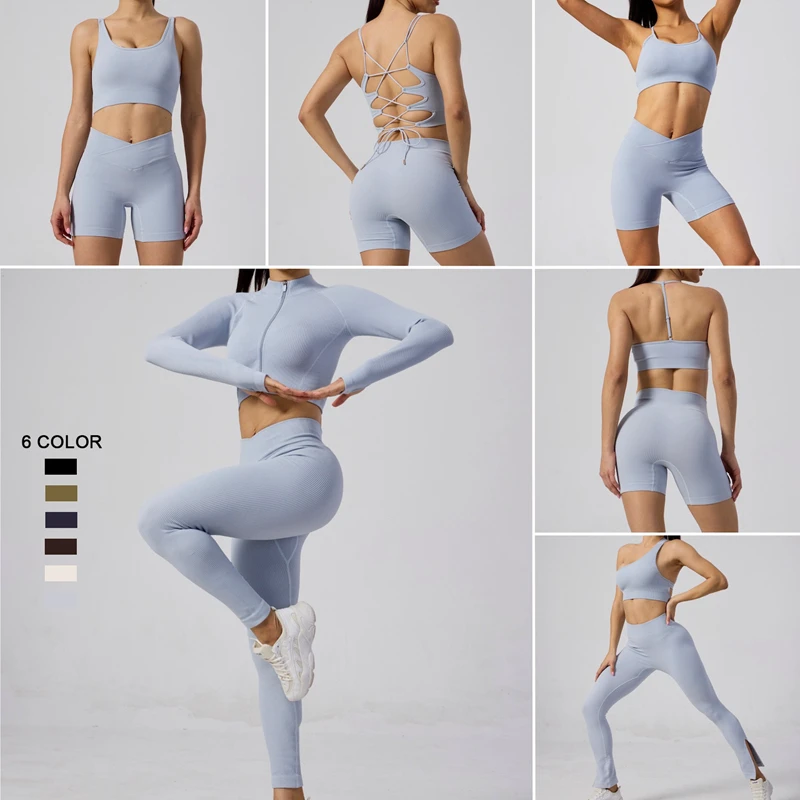 New Arrival 7PCS Sexy Ribbed Yoga Clothes Suit for Women Seamless Athletic Activewear Sets Leisure Sportswear Workout Clothing