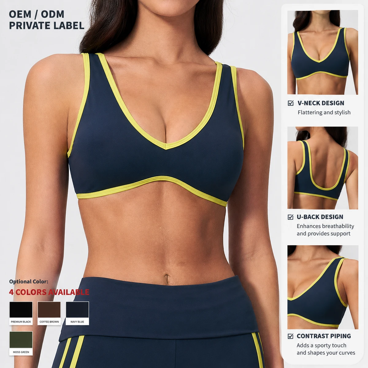 OEM ODM Women Sports Bra V-Neck U-Back Private Label Contrast Piping Fitness Activewear