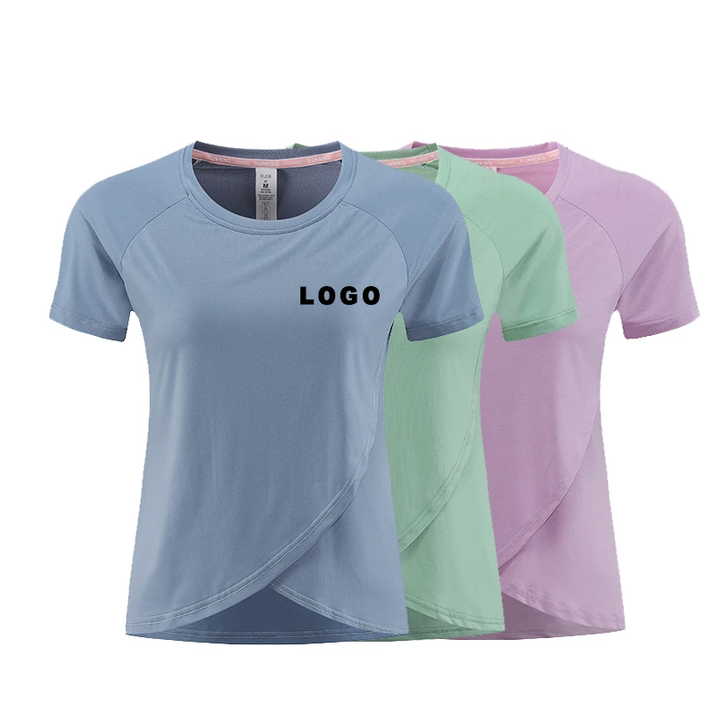 Custom logo Activewear Quick Dry Slim Fit Polyester Women's Crop Short Sleeve Yoga Round-neck 90 Polyester 10 Spandex t Shirt